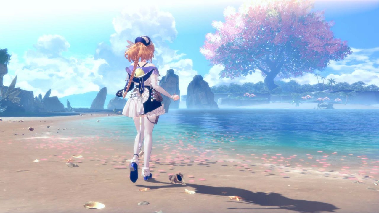 Atelier Resleriana protagonist Resna exploring a sunlit beach with a blossoming tree across the water.