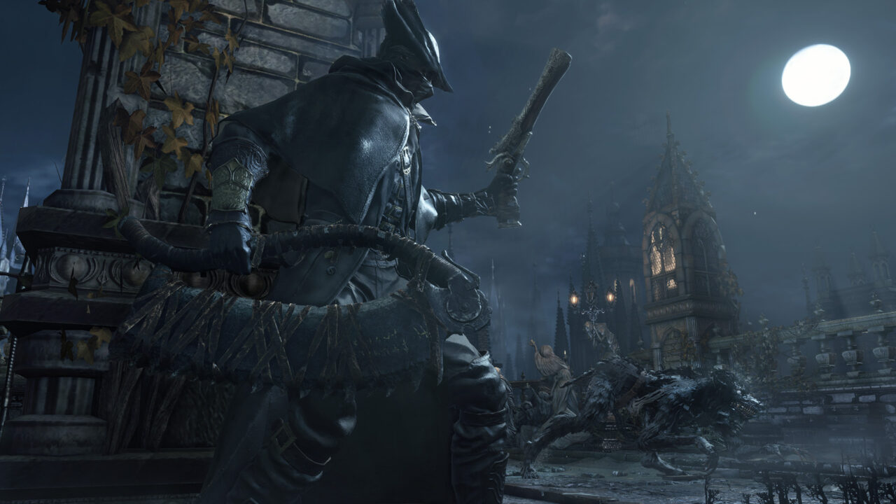 Bloodborne screenshot of a leather-clad figure armed to fight monsters in the moonlight