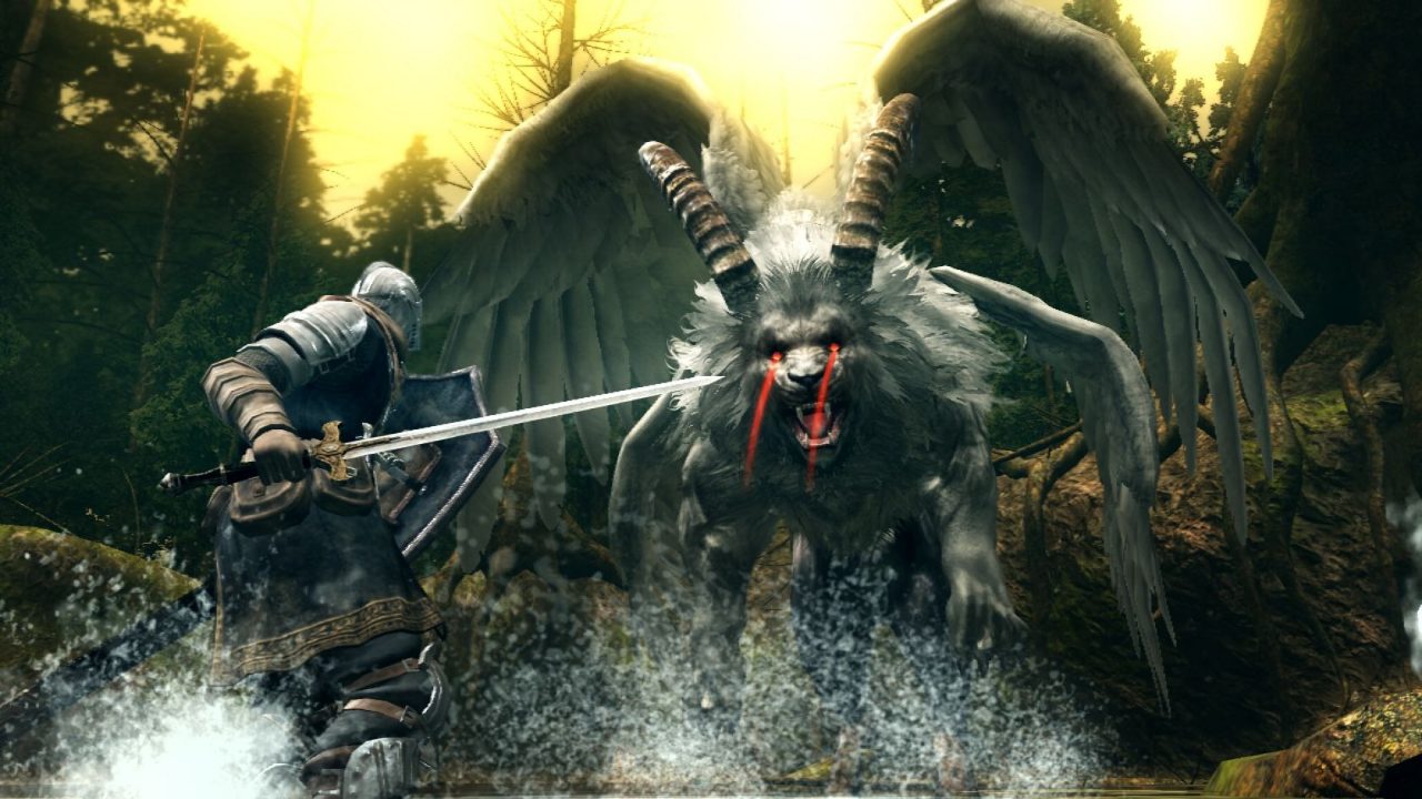 A screenshot of a character going against a giant monster with horns in Dark Souls