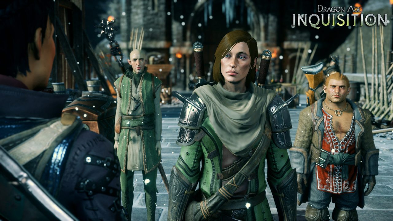 Dragon Age: Inquisition screenshot of a female Inquisitor looking at Cassandra, with Solas and Varric standing behind her.