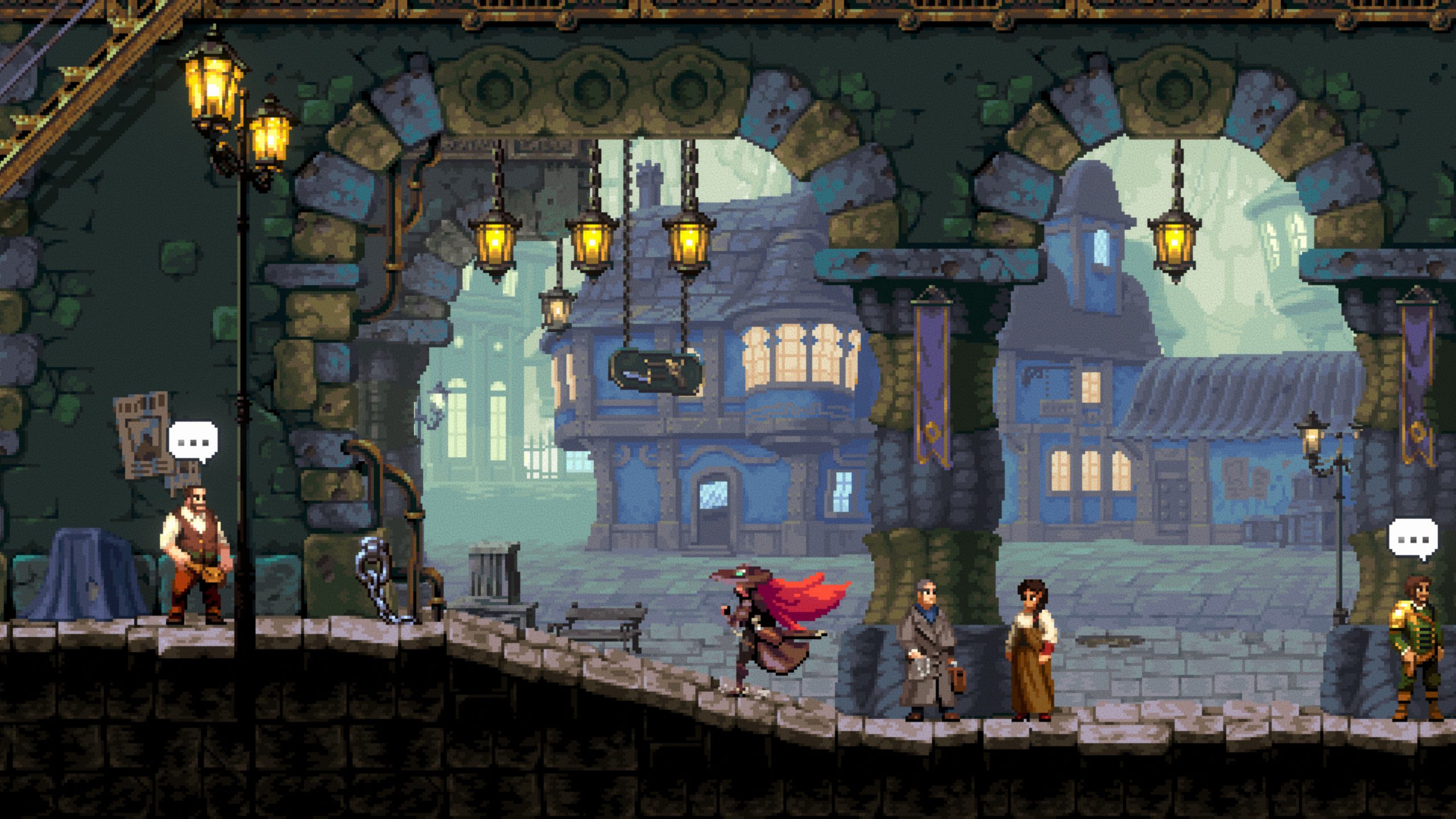 Gestalt: Steam and Cinder's Althea runs through a stone steampunk village with long hair billowing behind her.