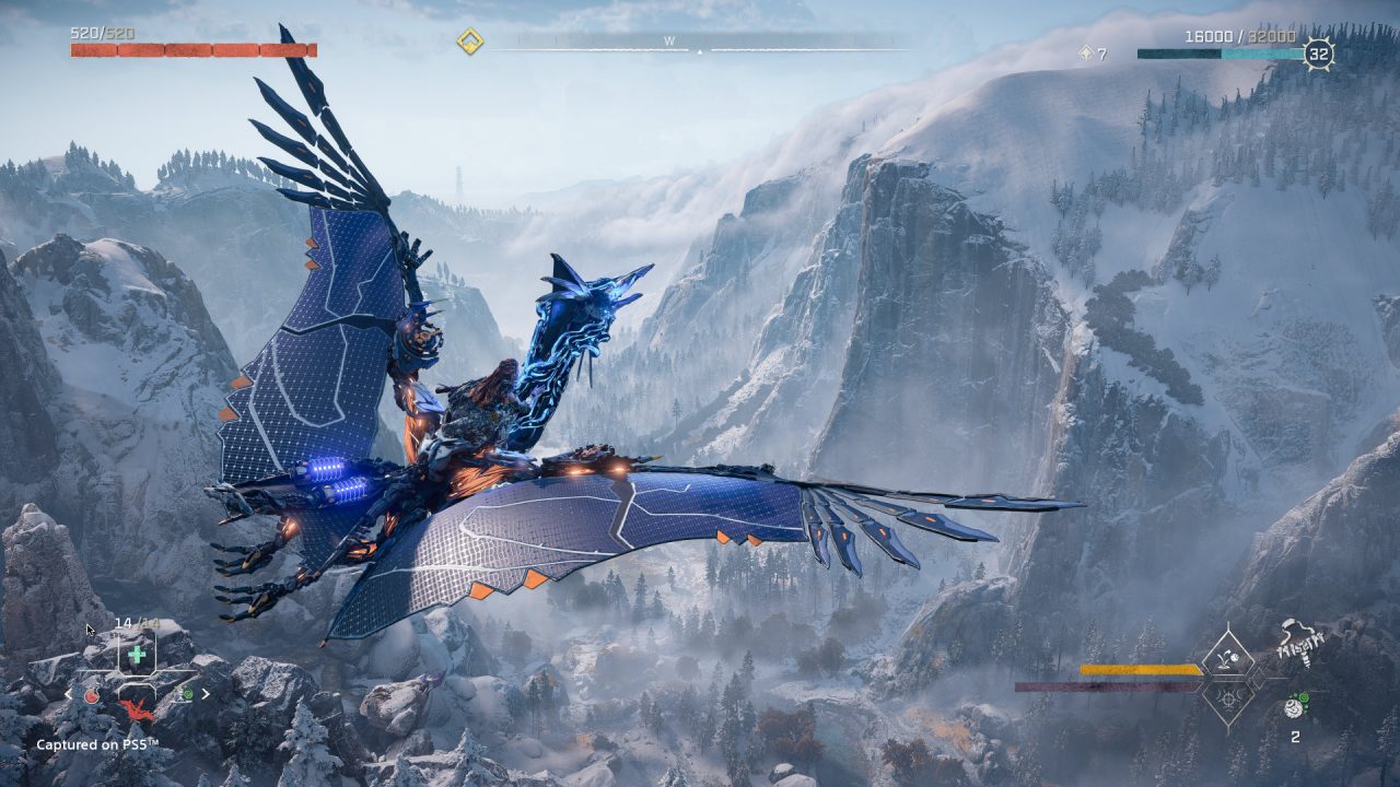 Soaring through the chilly skies above a snow-capped mountain in Horizon Forbidden West