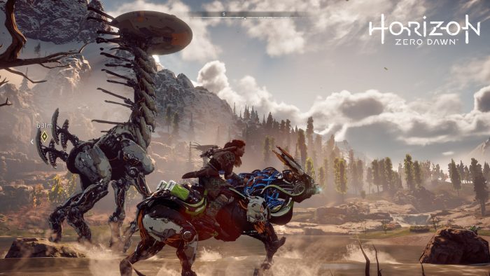 Aloy rides a mechanical mount aside a tallneck in Horizon Zero Dawn.