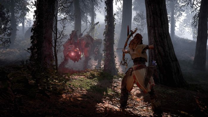 Aloy hunts a robot animal in Horizon Zero Dawn.