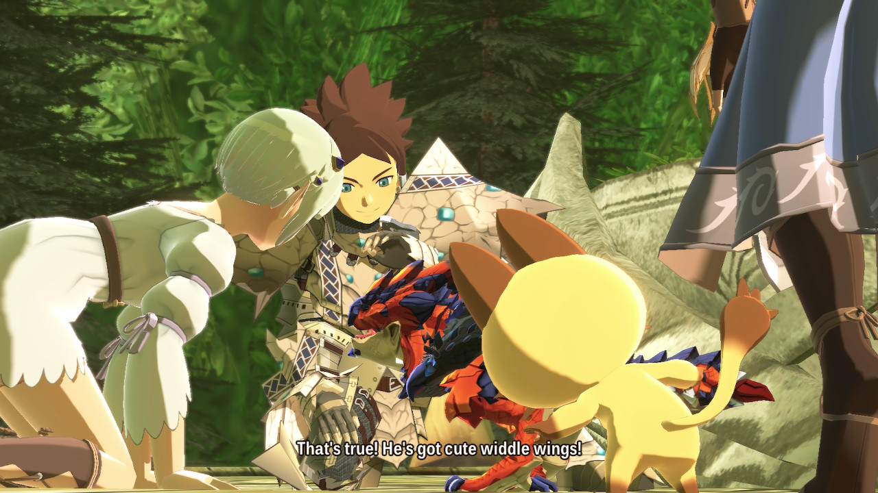 Everyone gathered around baby Ratha in Monster Hunter Stories 2: Wings of Ruin.