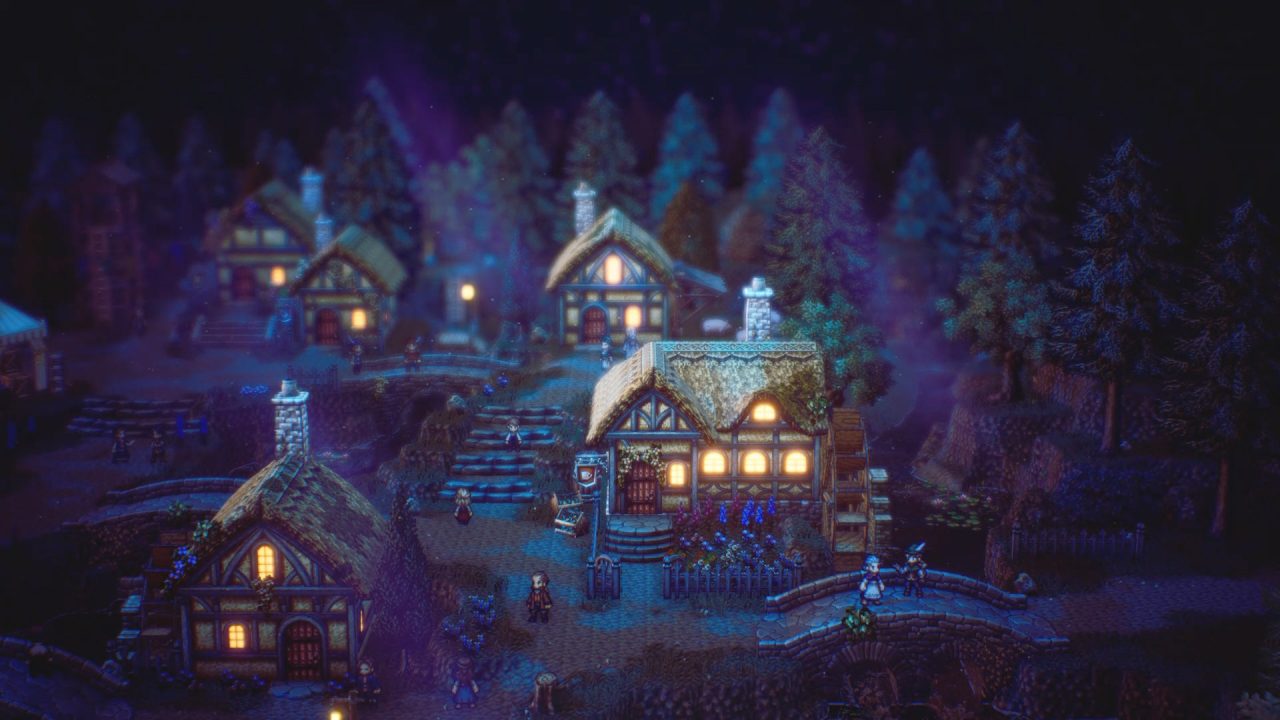 A screenshot of a town at night in Octopath Traveler II