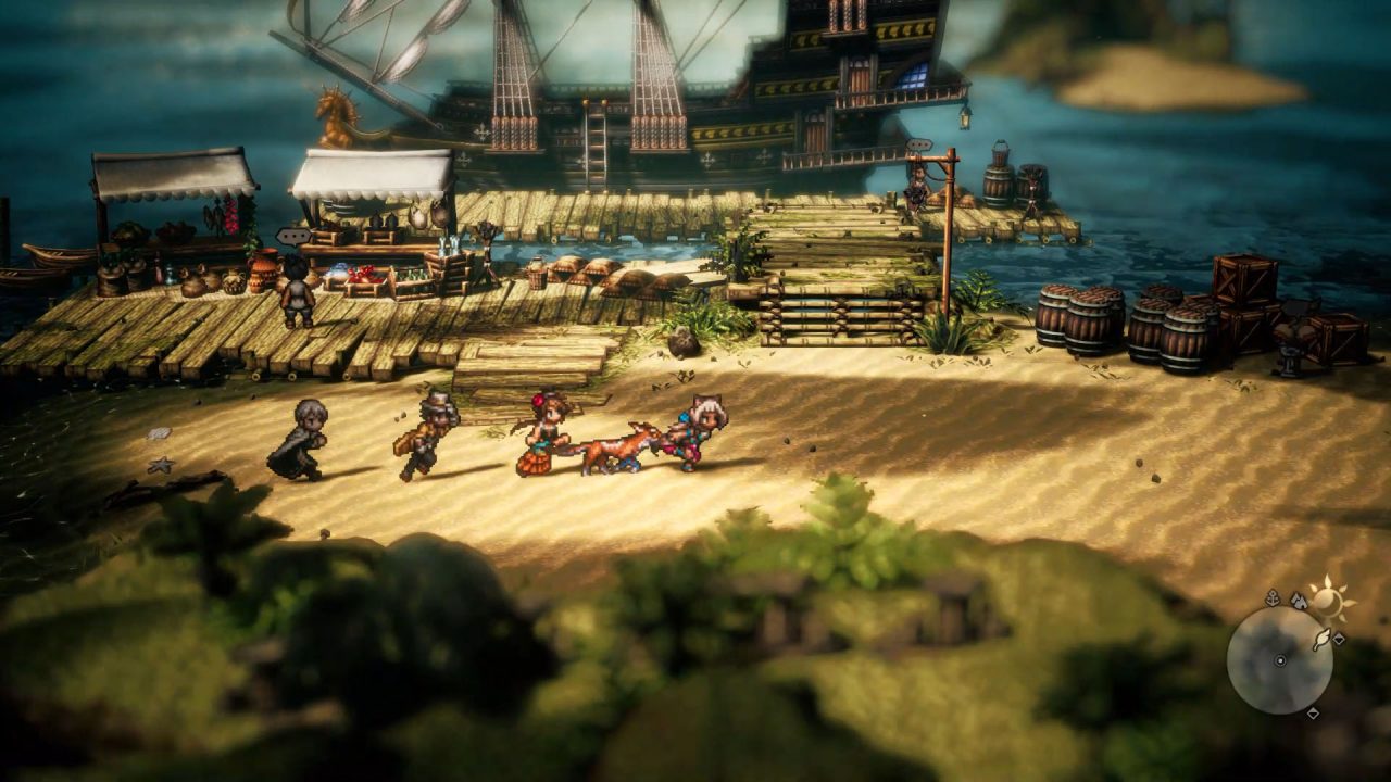 A screenshot of the party running through a desert in Octopath Traveler II