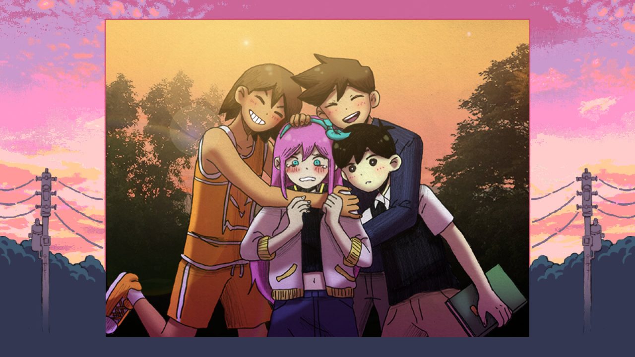 Protagonist Sunny and his friends in a group hug.