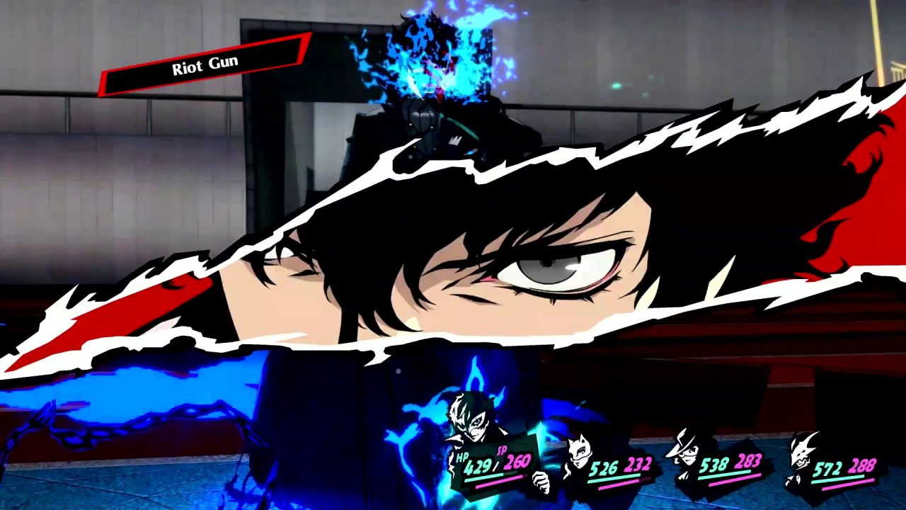 A screenshot of fake screen tearing and a close up of the protagonist in battle in Persona 5 Royal