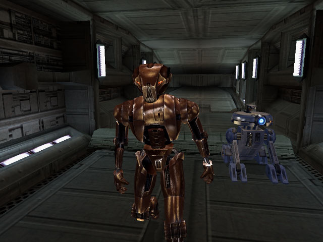 HK-47 and a robotic companion standing in a metallic corridor in Star Wars: Knights of the Old Republic.