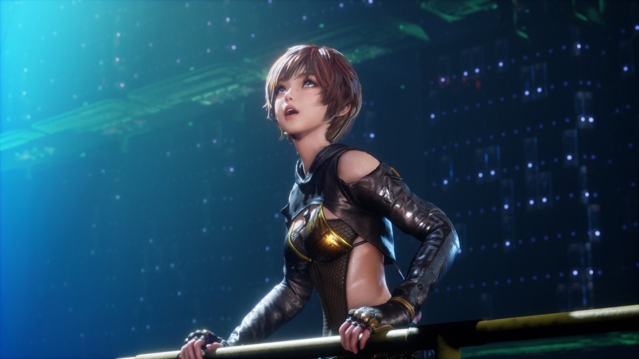 Stellar Blade supporting character Lily overlooking the city of Xion's underground.