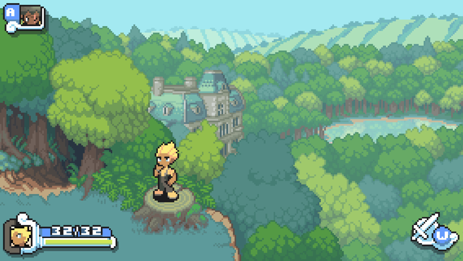 A yellow-haired character standing by a cliff in a forested area. There is a mansion in the distance.