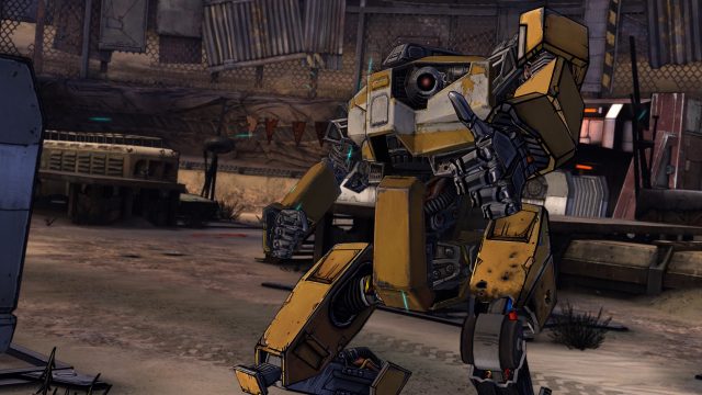 Tales from the Borderlands screenshot of a dingy bipedal robot giving a thumbs-up to the viewer.