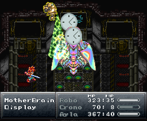 Crono, Ayla, and Robo battle the prismatic computer projection Mother Brain in the future time period of 2300 AD.