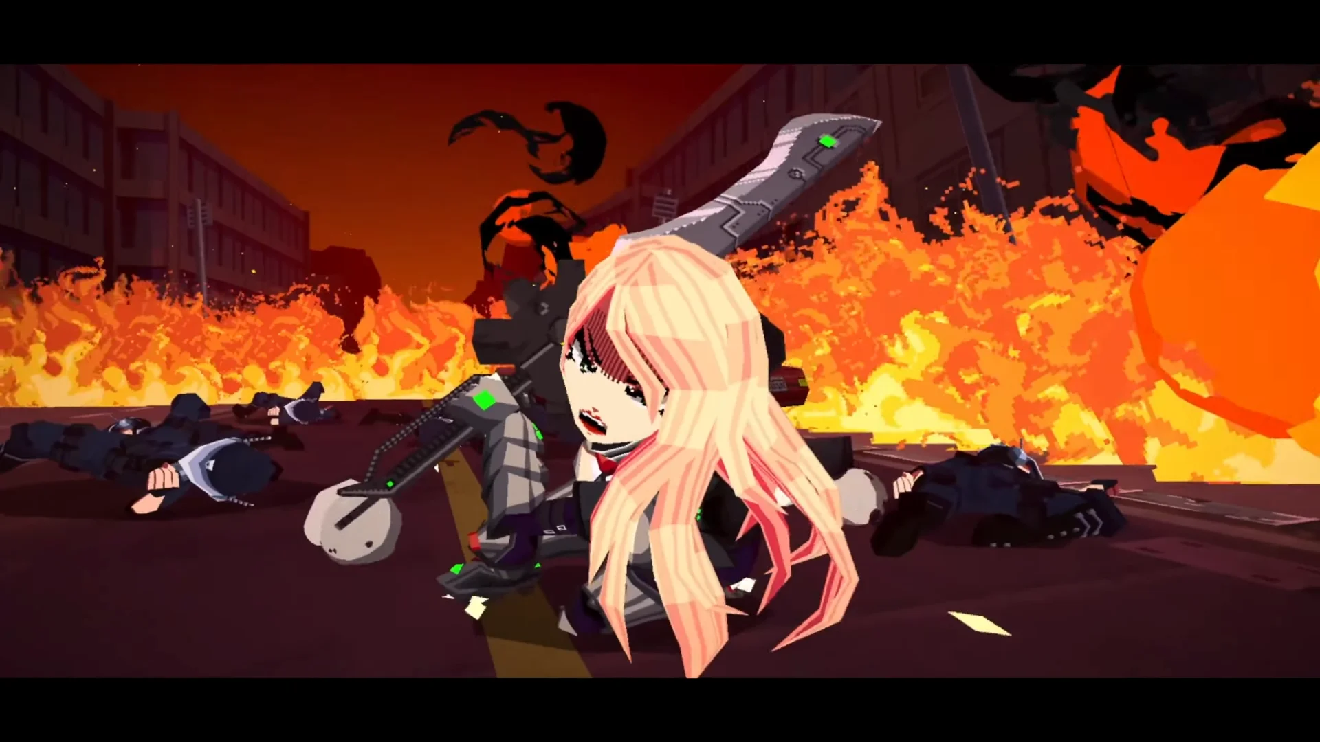 ABYSS X ZERO screenshot of Codename A on her knees in the midst of battle on a city street surrounded by flames