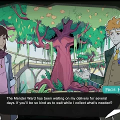 Two characters talking by a majestic indoor tree in Arcadia Fallen II.