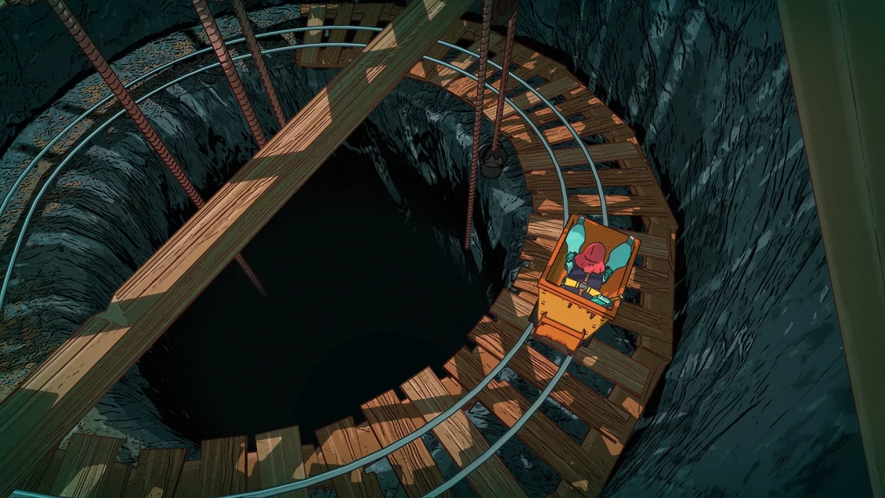 A character rides on a mine cart in Dungeons of Hinterberg.