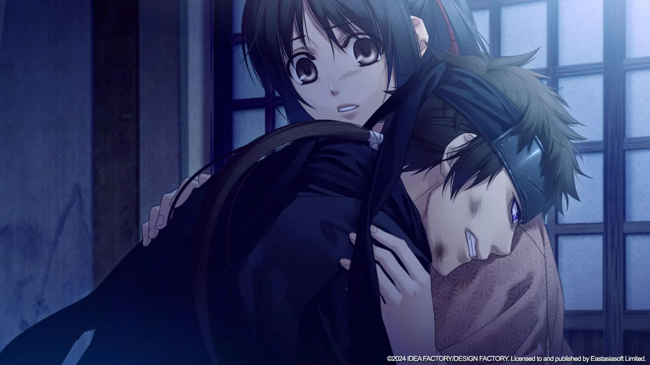 Chizuru and Yamazaki share a moment in Hakuoki: Chronicles of Wind and Blossom.