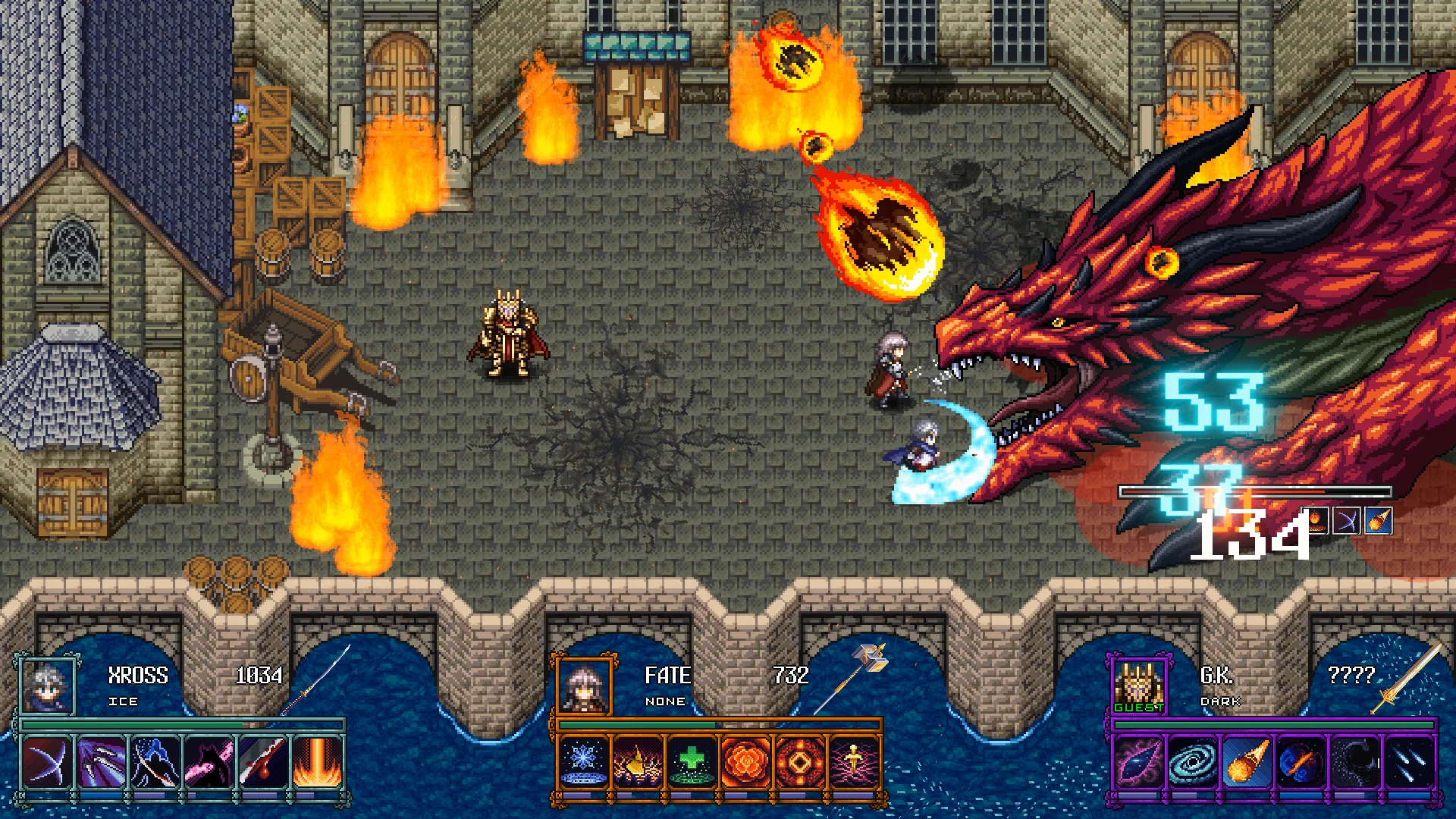 Infinity Knights: Xross Screenshot of the party battling a dragon as flames rage around the room