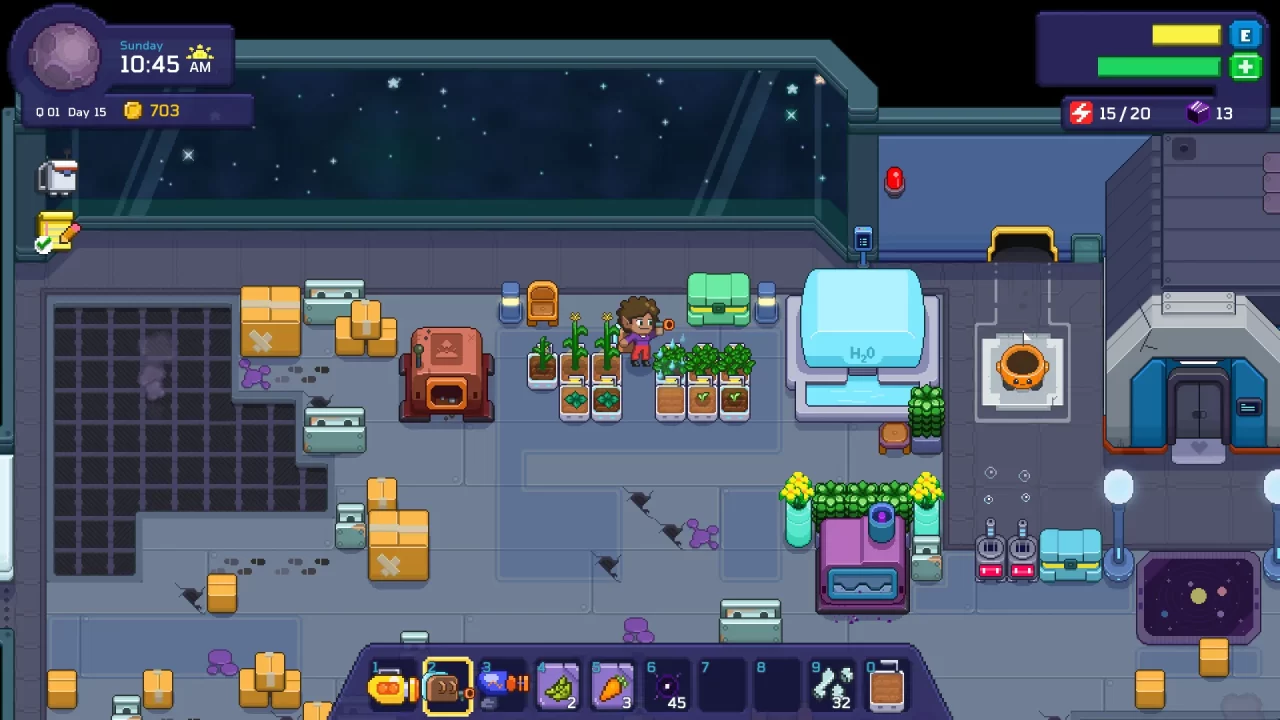 Creating your workspace and watering some plants inside the ship in Little Known Galaxy.