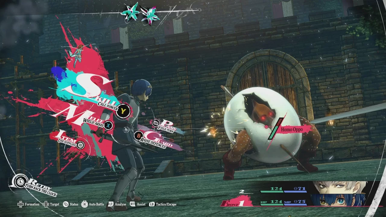 A screenshot of a battle with an egg demon with booted legs with the battle UI up in Metaphor ReFantazio