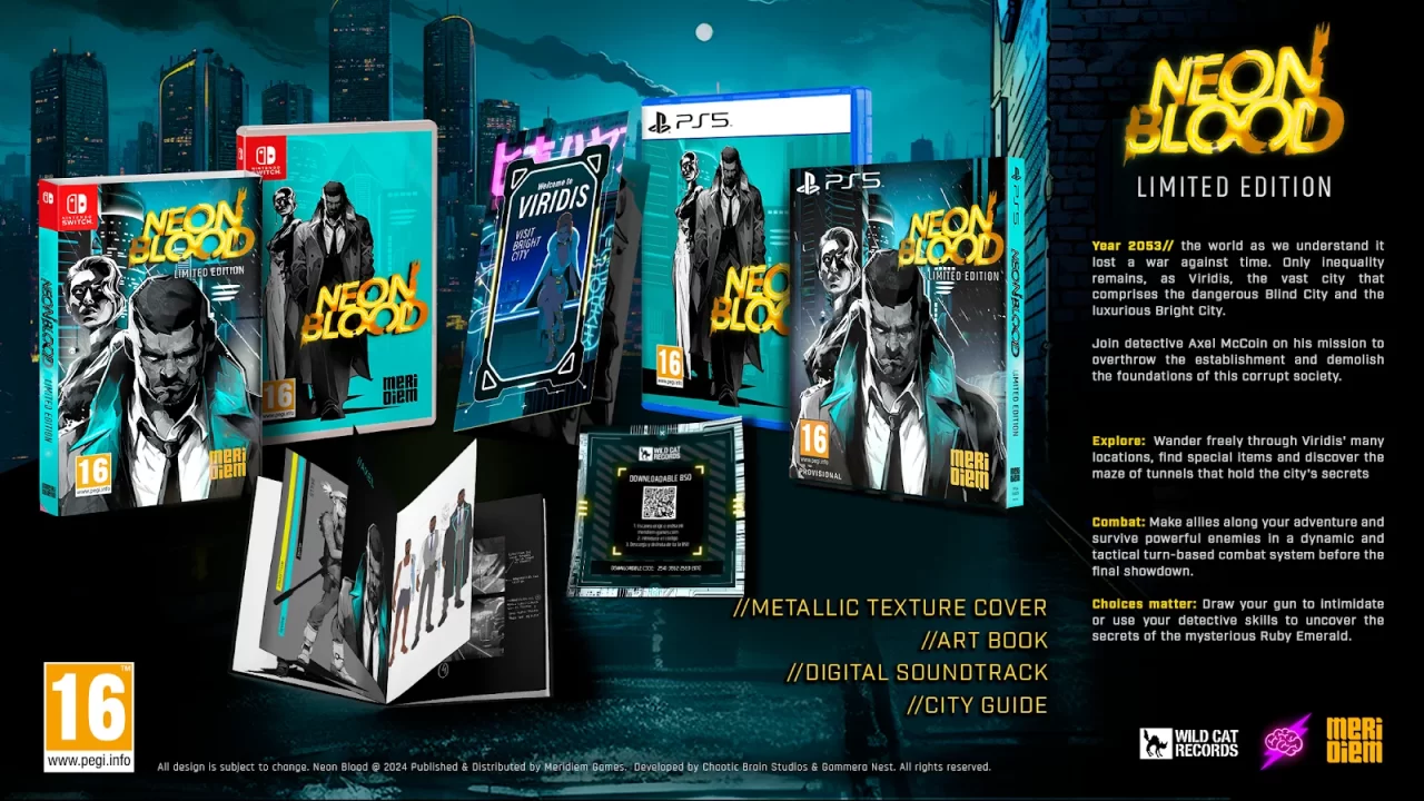 Neon Blood Limited Edition featuring metallic cover, art book, soundtrack, and city guide