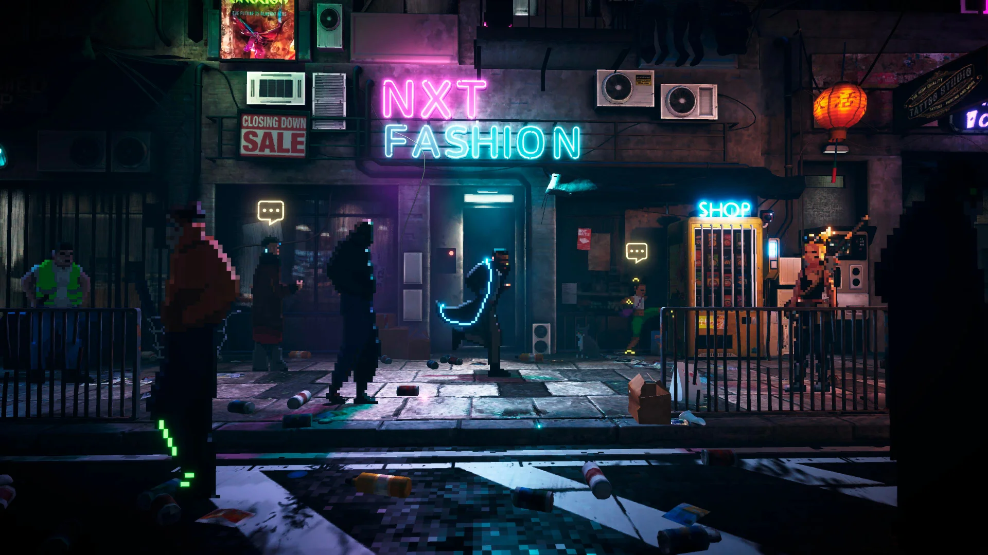 Neon Blood screenshot of a black man in a neon-lined trenchcoat running down a gritty street at night, littered with trash and neon lights