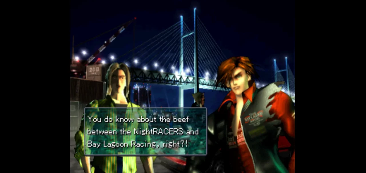 Screenshot of Sho Akasaki being confronted by a rival street racer at the harbor.