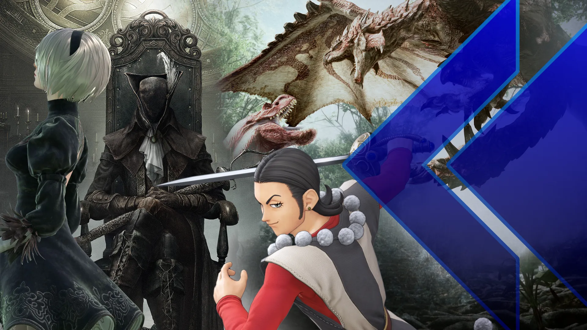 Retro Encounter 424 Top PS4 RPGs with characters from NieR Automata, Dragon Quest XI, Bloodborne, Monster Hunter World