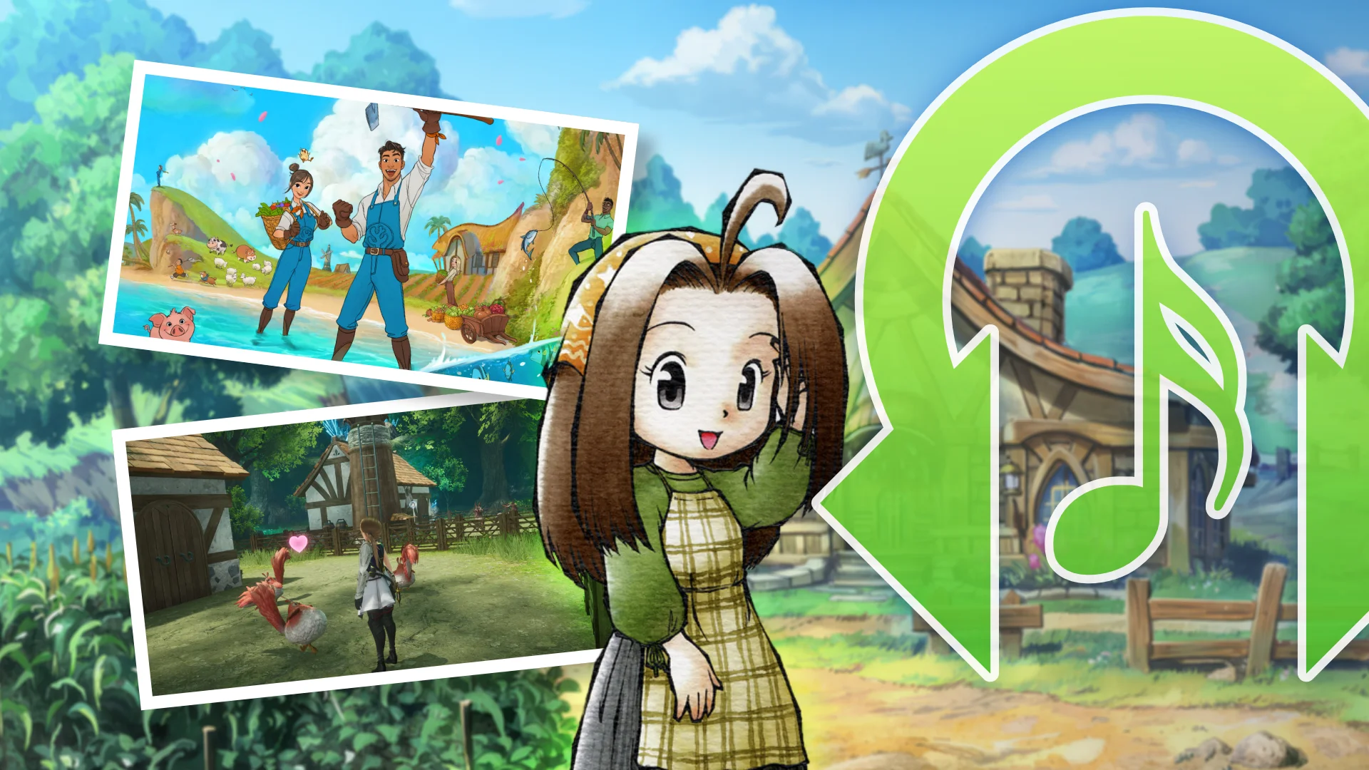 Rhythm Encounter 124 Farming RPG Music graphic with art from Coral Island, Harvestella, Harvest Moon: A Wonderful Life, and Rune Factory Frontier