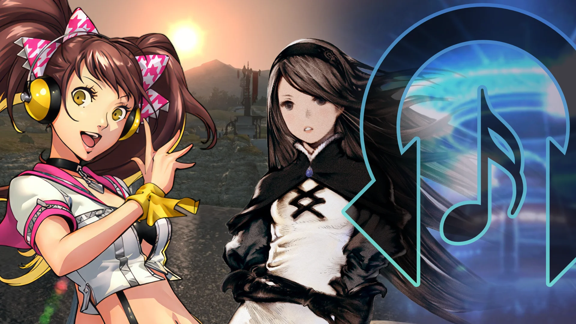 Rhythm Encounter 125 art with Persona 4 and Bravely Default characters against a sunset