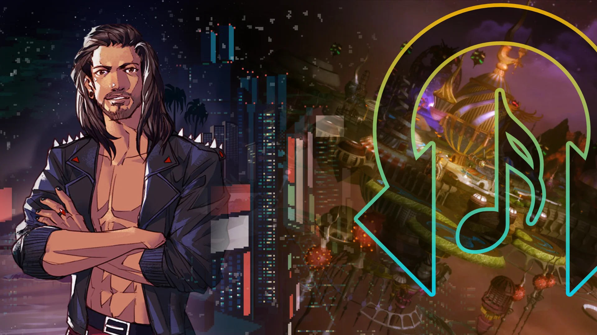 Rhythm Encounter 138 City Poppin - artwork from Boyfriend Dungeon and a space casino from Final Fantasy XIII-2