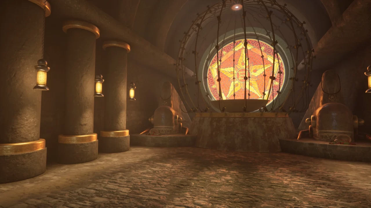 A large temple room with a star window in the background and light filtering through in the Riven remake.