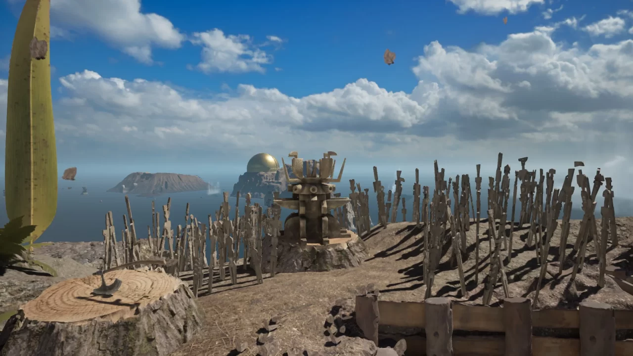 A sweeping vista with Riven's telltale gold dome in the Riven remake.