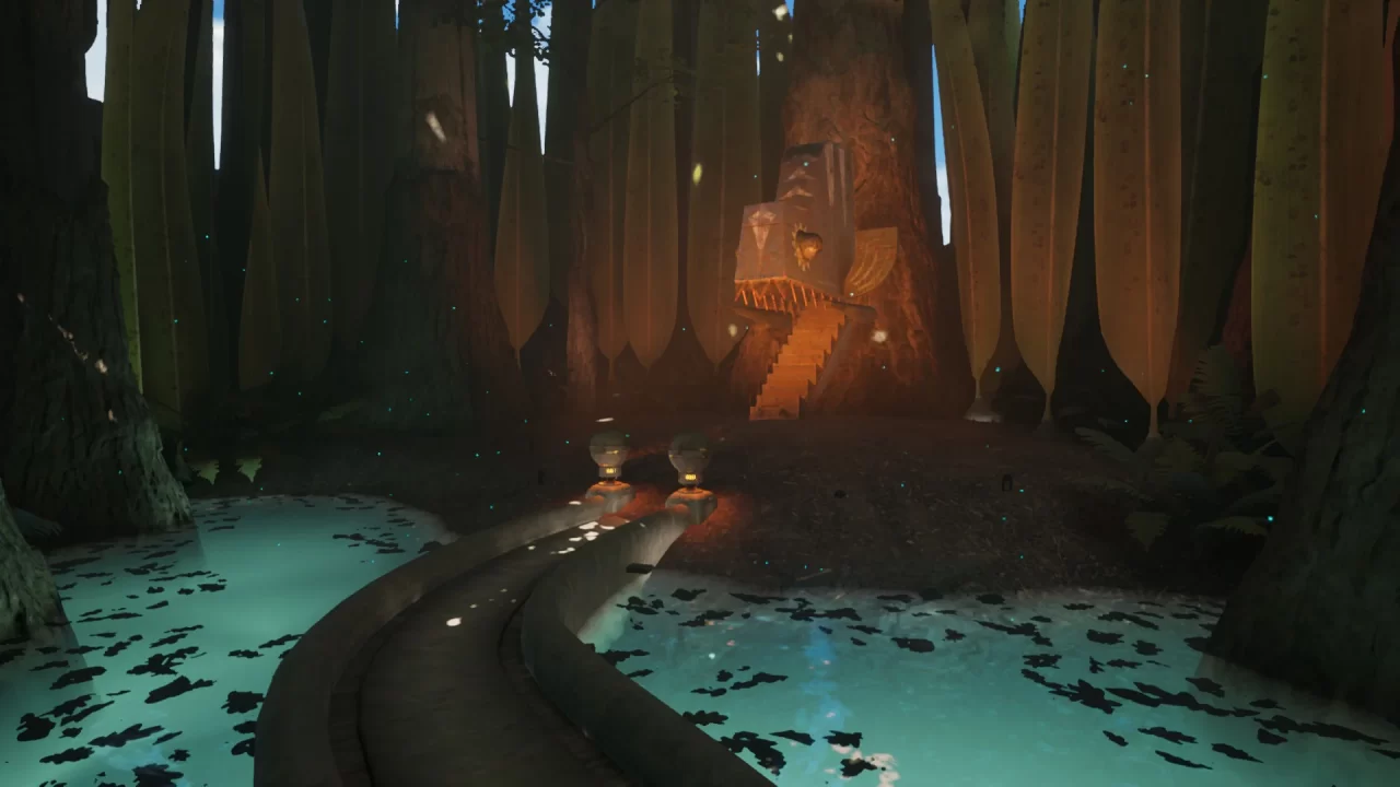 A path leading through an illuminated pool toward a large fish-like statue in the Riven remake.