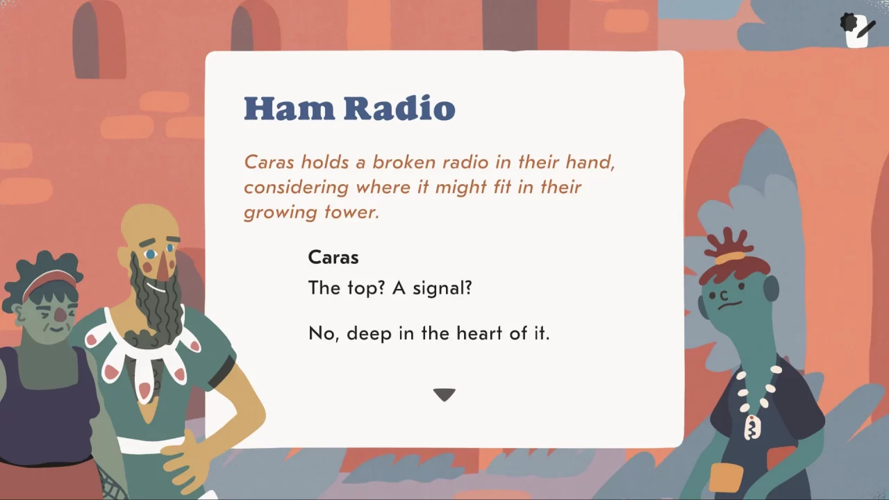 A dialogue with a radio enthusiast. Stylized character portraits decorate the left and right of a text box in the middle of the screen.