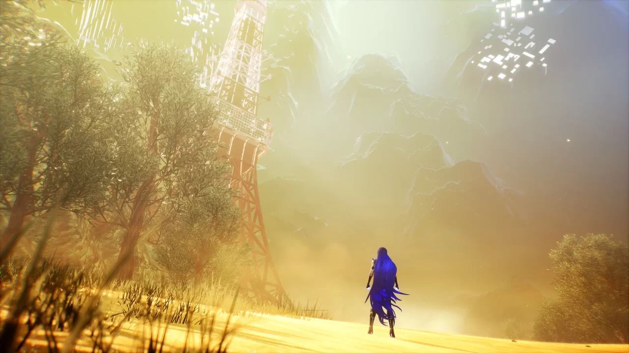 A screenshot of the main character from Shin Megami Tensei V: Vengeance in a field filled with golden light, staring up at a metal scaffold tower.