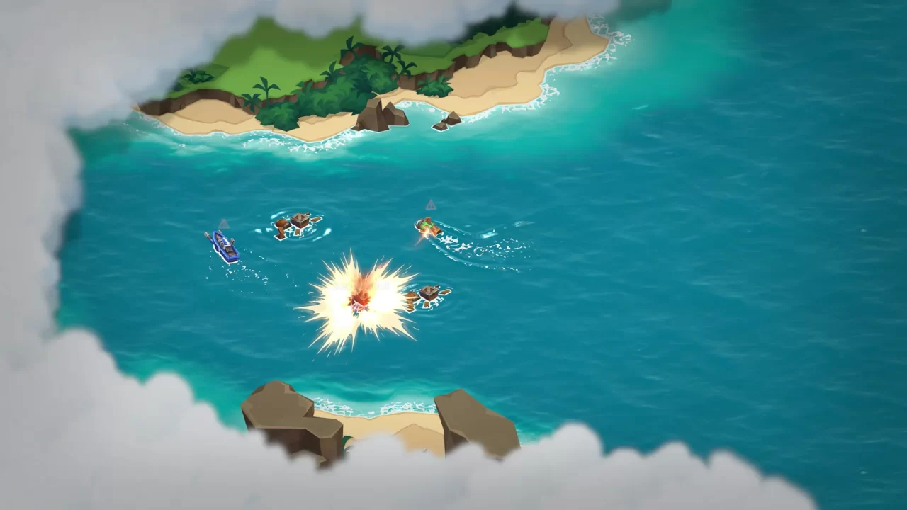 Screenshot of SteamWorld Heist II showing a naval battle, with ships circling like sharks.