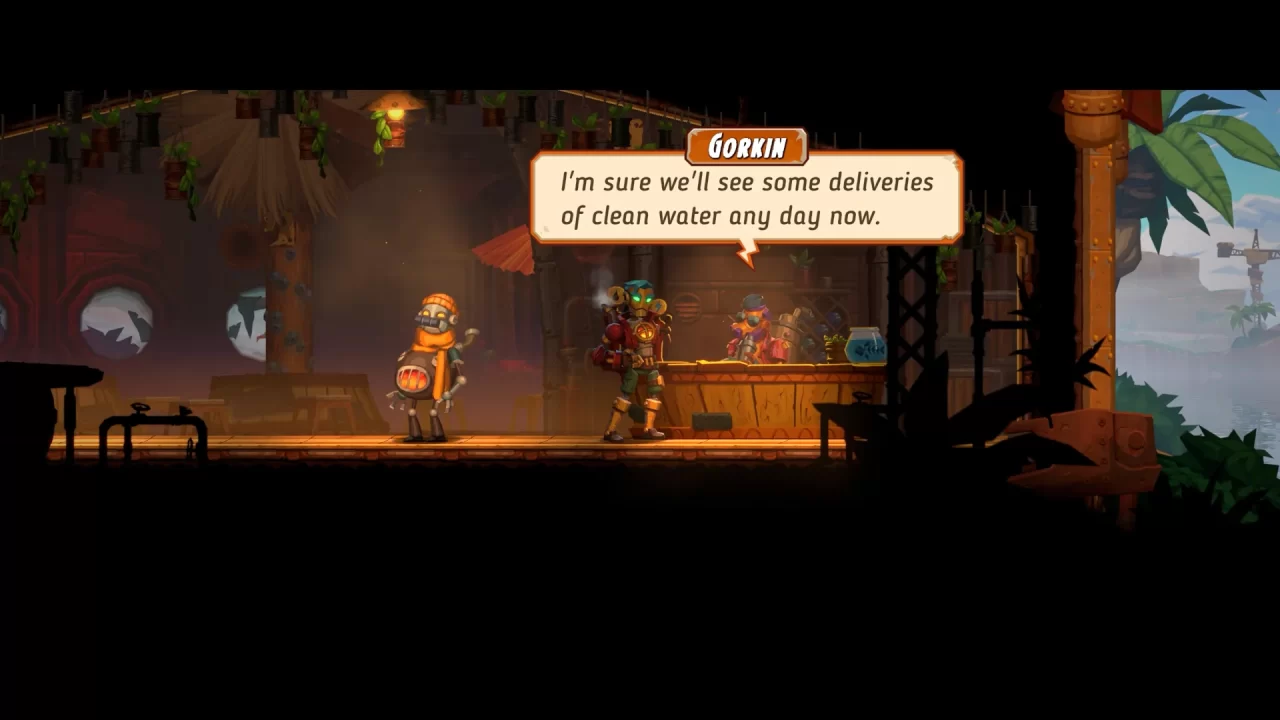 Screenshot of SteamWorld Heist II with Gorkin the Steambot behind a counter and optimistic that he'll get a delivery of fresh water soon.