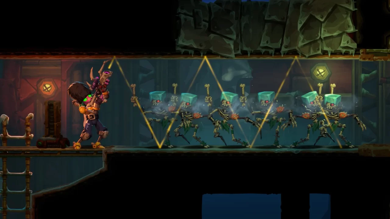 Screenshot of SteamWorld Heist II with a bot aiming some shots toward some undead-looking enemies.