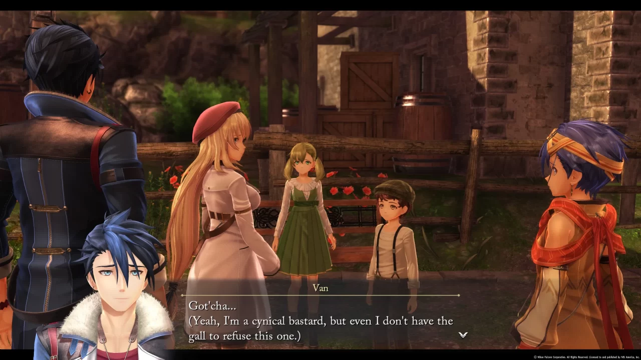 Van, Agnes, and Feri help out some villagers in The Legend of Heroes: Trails through Daybreak.