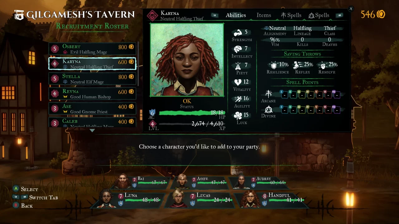 Example of character attribute and recruitment screen in Wizardry: Proving Grounds of the Mad Overlord with Karyna the Halfling Thief highlighted.
